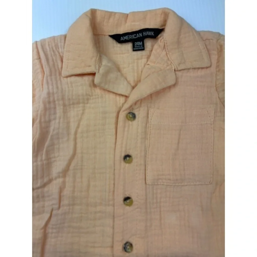 American Hawk Boys 2 Piece Set 12M Apricot Gauze Cotton Shirt Shorts Outfit‎